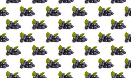 Colorful blueberry fruit pattern with green leaves on a white background, side view.の写真素材