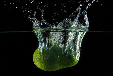 Falling avocado into the water, spray for design, freezing in motion. Water splash and vegetables...