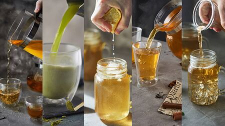 Food Collage of photos of hot winter drinks. Tea, latte, coffee.の写真素材