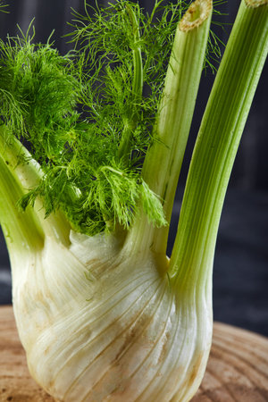 Fresh organic fennel bulb on a wooden stand on a black background. Close-up.の写真素材