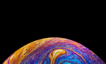 Virtual reality space with abstract multicolor psychedelic planet. Closeup Soap bubble like an alien...