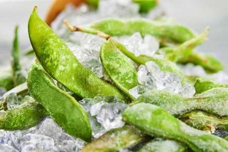 Frozen Edamame or soybeans in the mix with crushed ice on a blue background.