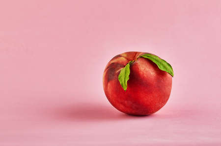 Fresh juicy peach with green leaves isolated on a pink background.の写真素材