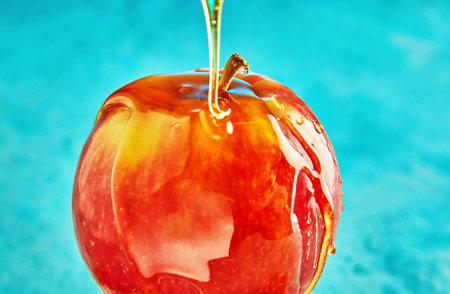 Rosh hashanah - jewish New Year holiday concept. Honey flows down an apple on a blue background.