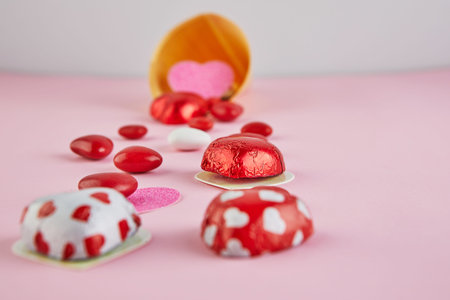 Valentine's day card with candy hearts on ice cream cone background on pink background. Selective...