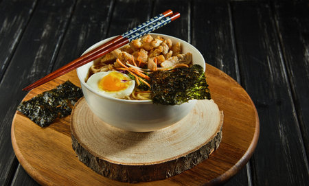 Japanese ramen soup with chicken, egg, garlic and noodles on a dark wooden background. Asian Miso...