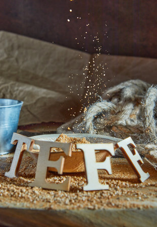 Teff, an alternative to ancient gluten-free grain with the name written in wooden letters. Teff pours into the bucket.の写真素材