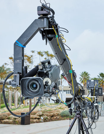 Tel Aviv - Israel, 11 March 2021: Professional equipment for filming TV shows and films. Video...