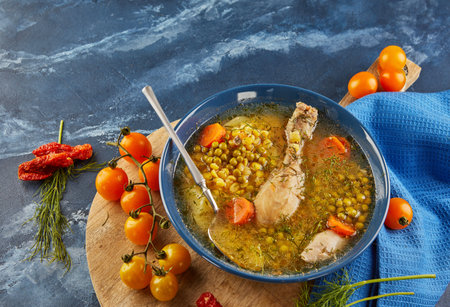 Pea soup with chicken, carrots, tomatoes and herbs in a deep plate on wooden board with napkin on blue backgroundの写真素材