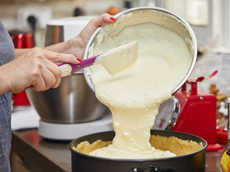 Pours the dough into a cheese pie panの写真素材