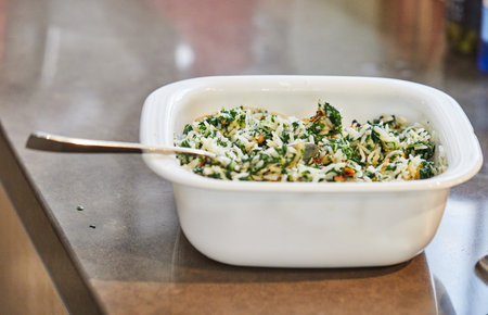 Ready-made filling in white dish for chard pie. Step by step recipe.