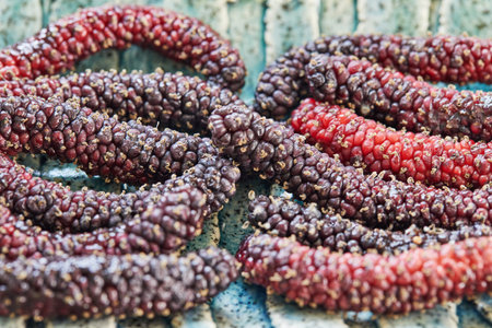 Afghan mulberry black and red lying on plate, close-up.の写真素材