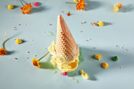 Banana ice cream with waffle cone on blue background with yellow flowers.の写真素材