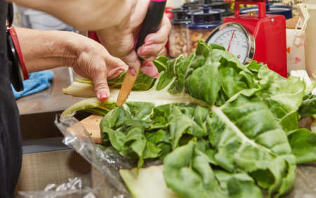 Cooking Swiss chard according to the recipe from the Internet Swiss chard pie.の写真素材