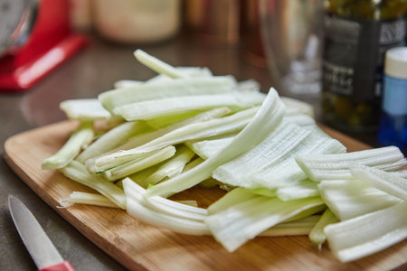 When preparing Swiss chard according to recipe found on the Internet, the Swiss chard stalks are ready to cook.の写真素材