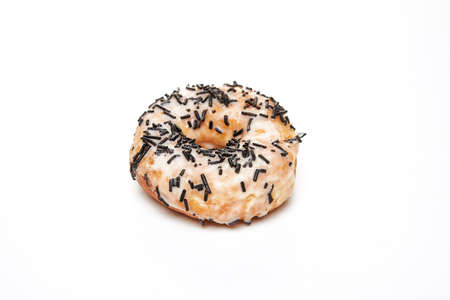 Happy Hanukkah and Hanukkah Sameach - traditional Jewish donut with chocolate isolated on white background.の写真素材