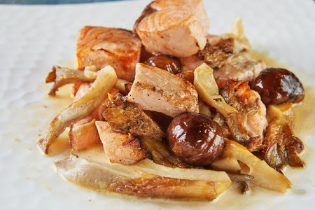 Fillet of solomon with chestnuts and mushrooms. French gourmet cuisine