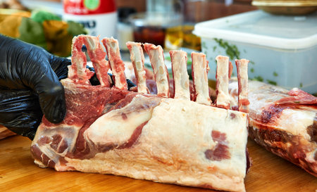 Lamb ribs ready to be grilled for serving in cateringの写真素材