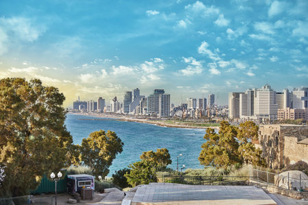 Panorama of Tel Aviv, coastline with hotels. View from old Jaffa to Tel Avivのeditorial素材