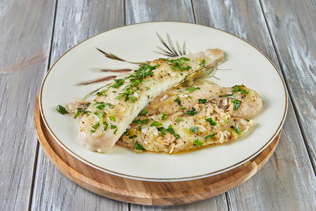 Barcy-style perch on plate. French gourmet cuisineの写真素材