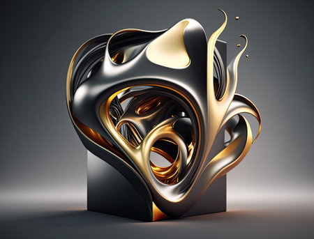 Abstract 3D model made of gold and metal for interior decoration. Perspective geometric unusual background with wireframe.の写真素材