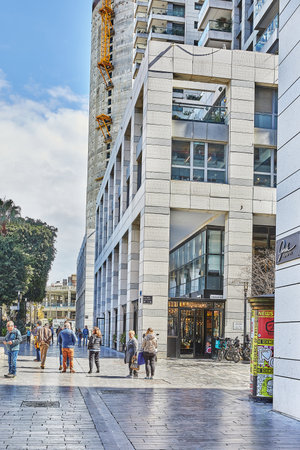 View of Sarona Market over skyscrapers of Azrieli Center in Tel Aviv, Israel. Its a place popular among Israelis and tourists situated in the heart of Tel Aviv, bordering former German Colonyのeditorial素材