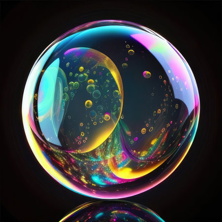 Virtual reality space with abstract multicolor. Soap bubble with multicolor colors with reflectionの素材