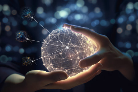 Businessmans hands hold the globe. The concept of networking and business connectionsの素材