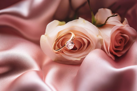 Gold ring with diamond on pink silk with rosesの素材