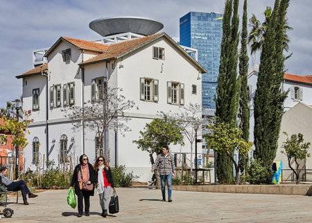 View of Sarona Market over skyscrapers of Azrieli Center in Tel Aviv, Israel. Its a place popular among Israelis and tourists situated in the heart of Tel Aviv, bordering former German Colonyのeditorial素材