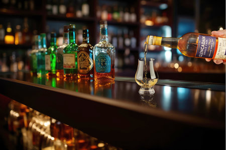 Collection of luxury whiskey stands on bar against the backdrop of bar and bottles out of focus.のeditorial素材