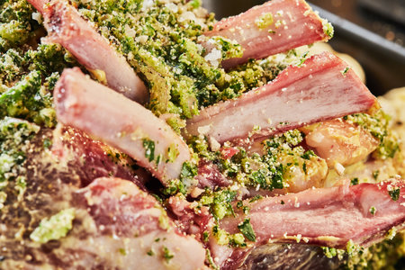 Lamb ribs with garlic and mustard sauce, ready for baking in the oven. close up.の写真素材