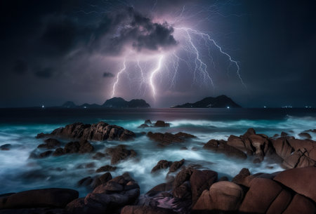 Natures Electrifying Spectacle Lightning Cracks the Sky, Illuminating the Majestic Sea and Towering Mountainsの素材