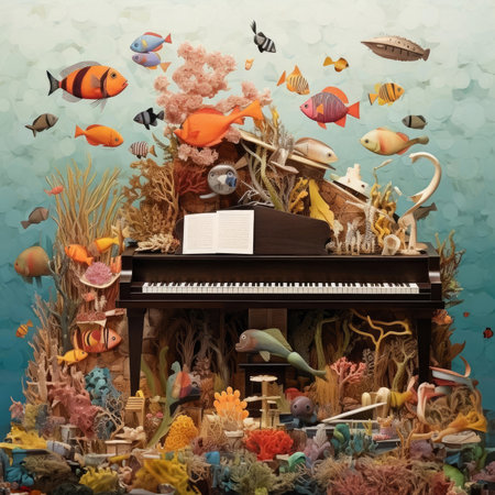 Ðesmerizing underwater symphony. Surreal collage unites an enchanting world beneath the waves, featuring a grand piano resting on the ocean floor. Colorful coral reefs and curious sea creatures surround itの素材