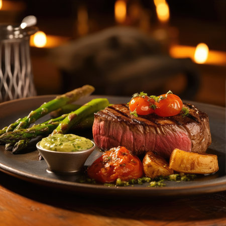 Exquisite culinary masterpiece: A succulent steak, cooked to perfection, sizzles on a plate adorned with luxurious ingredients in an upscale restaurant. A feast for the senses, this tantalizing dish showcases the artistry and indulgence of fine diningの素材