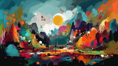 Landscape illustrations in styles ranging from abstraction to impressionism and pixel artの素材