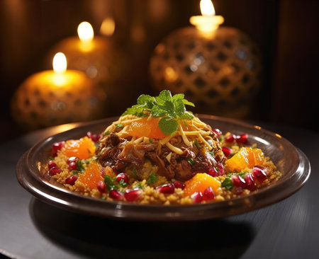 Passion on Plate Argentinian Cuisine with Apricots and Pomegranates. Intimate Gastronomy, Meat Dish at an Argentinian Restaurant by Candlelightの素材