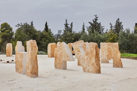 Sculptural composition made of stone in front of the Knesset building in Jerusalemの写真素材