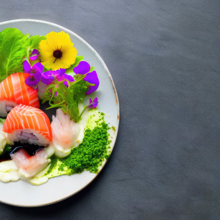 Exquisite Japanese Fusion Sushi, Rolls, Caviar, and Flowersの素材