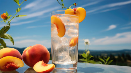 Glass of clean water for drinking with ice and peach against the background of the sky with cloudsの素材