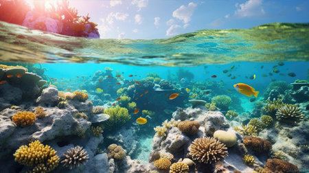 Underwater world of the sea and ocean depths. Corals and fish of various shapes and colorsの素材