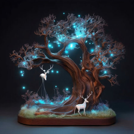3D render of magical forest at night with trees and animalsの素材