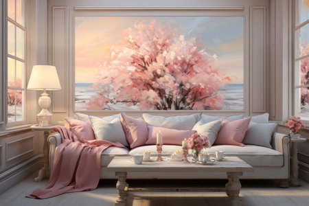 The room is adorned with festive decorations, and the mood is one of contentment and togetherness.の素材