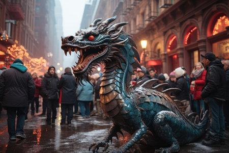 Vibrant street scene during Chinese New Year with a grand procession and majestic dragon dance.の素材