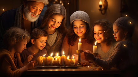 Warm image of a cheerful family with children sitting around a table, joyfully lighting the candles of the Hanukkah menorah to celebrate the Festival of Lightsの素材