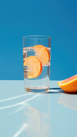 Glass of clean water for drinking with ice and peach on stand against the backdrop of the sea.の素材