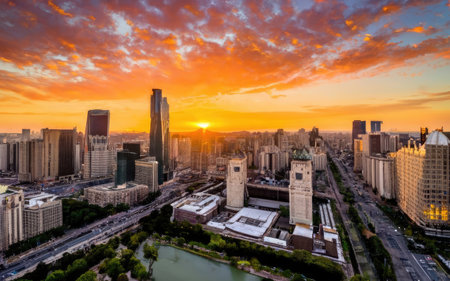Modern city with high-rise buildings against the backdrop of sunset and reflection in the water.の素材