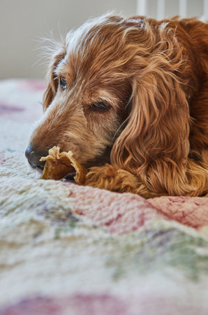 Adorable Red Cocker Spaniel Dog Eating a Pigs Ear While Lying on a Bedの写真素材