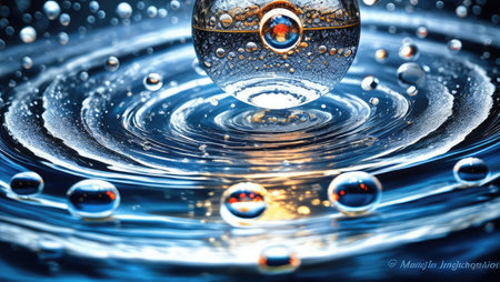 Colliding Drops visualize the mesmerizing collision of liquid droplets, with video footage, time-lapse to highlight dynamic interactions, and lighting to enhance reflections.の素材