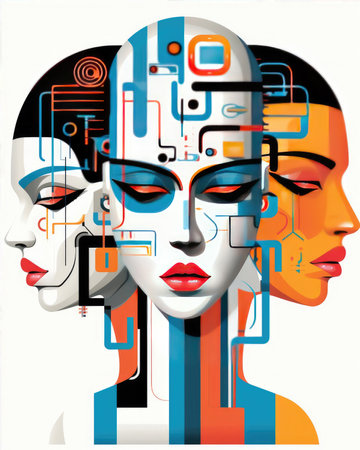 Modernist collages that combine various visual elements and portraits of people. Can be used as wall decorations. Abstract illustrations and patterns, where the main role is given to color.の素材